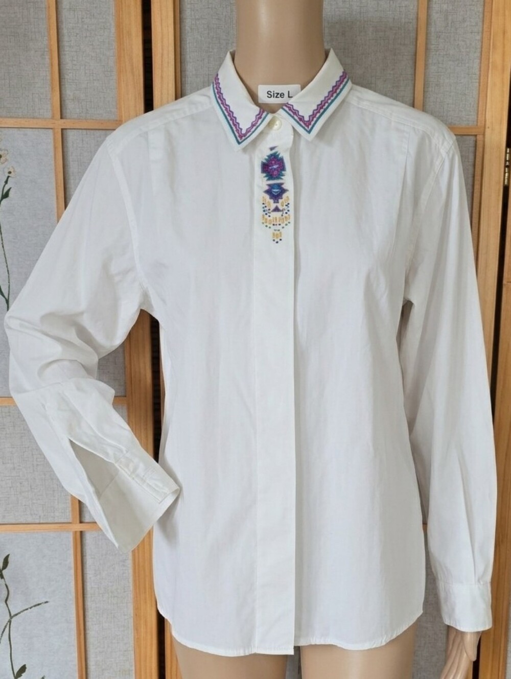White Embroidered-Collar Beaded Western Shirt Napa Valley Sz Large Vintage Tops